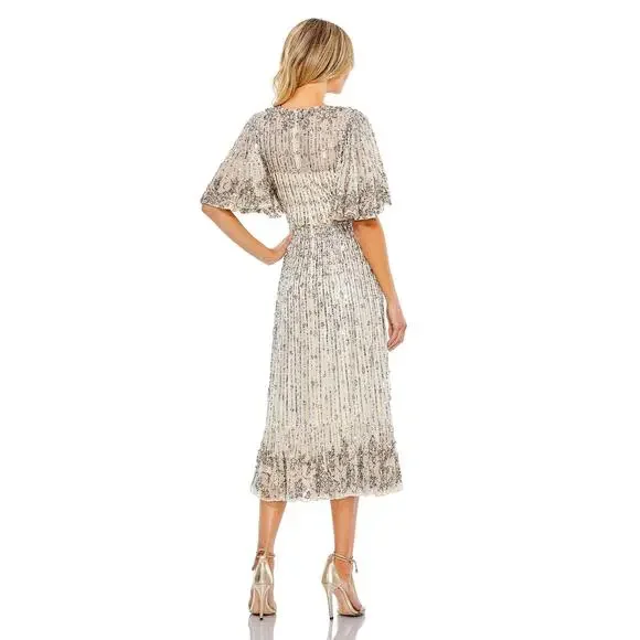 Mac Duggal Women's Nude Silver Sequined Flounce Sleeve Midi Dress Size 6 NWT - Picture 3 of 13